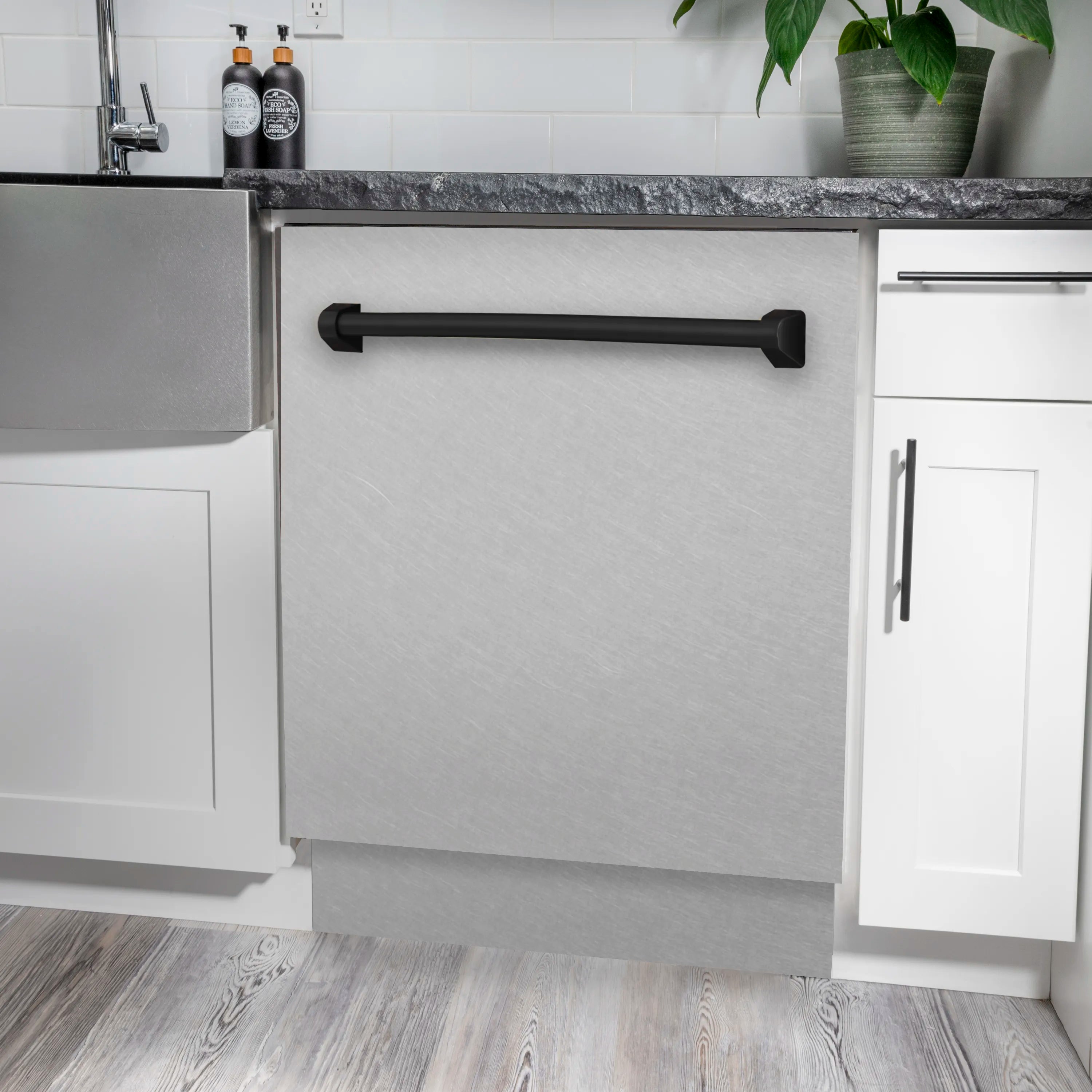 Built-in tall dishwasher in satin stainless steel with matte black bar handle