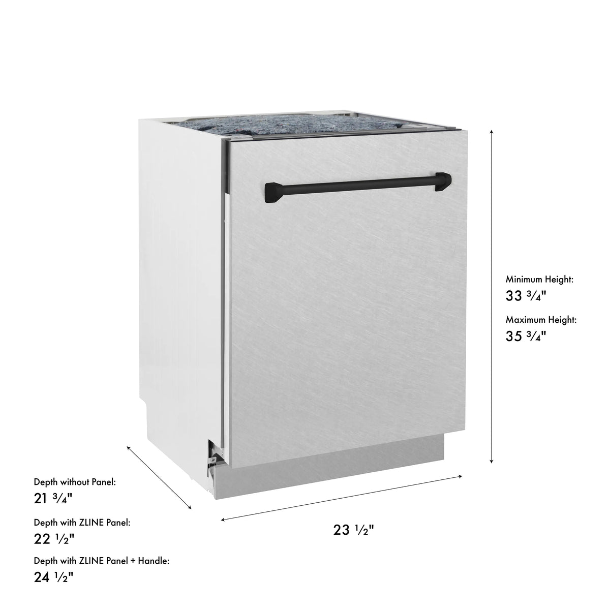 Tall dishwasher in satin stainless steel with matte black handle and side dimensions