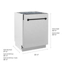 Tall dishwasher in satin stainless steel with matte black handle and side dimensions