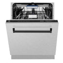 Tall dishwasher with door open showing interior racks and control panel at top