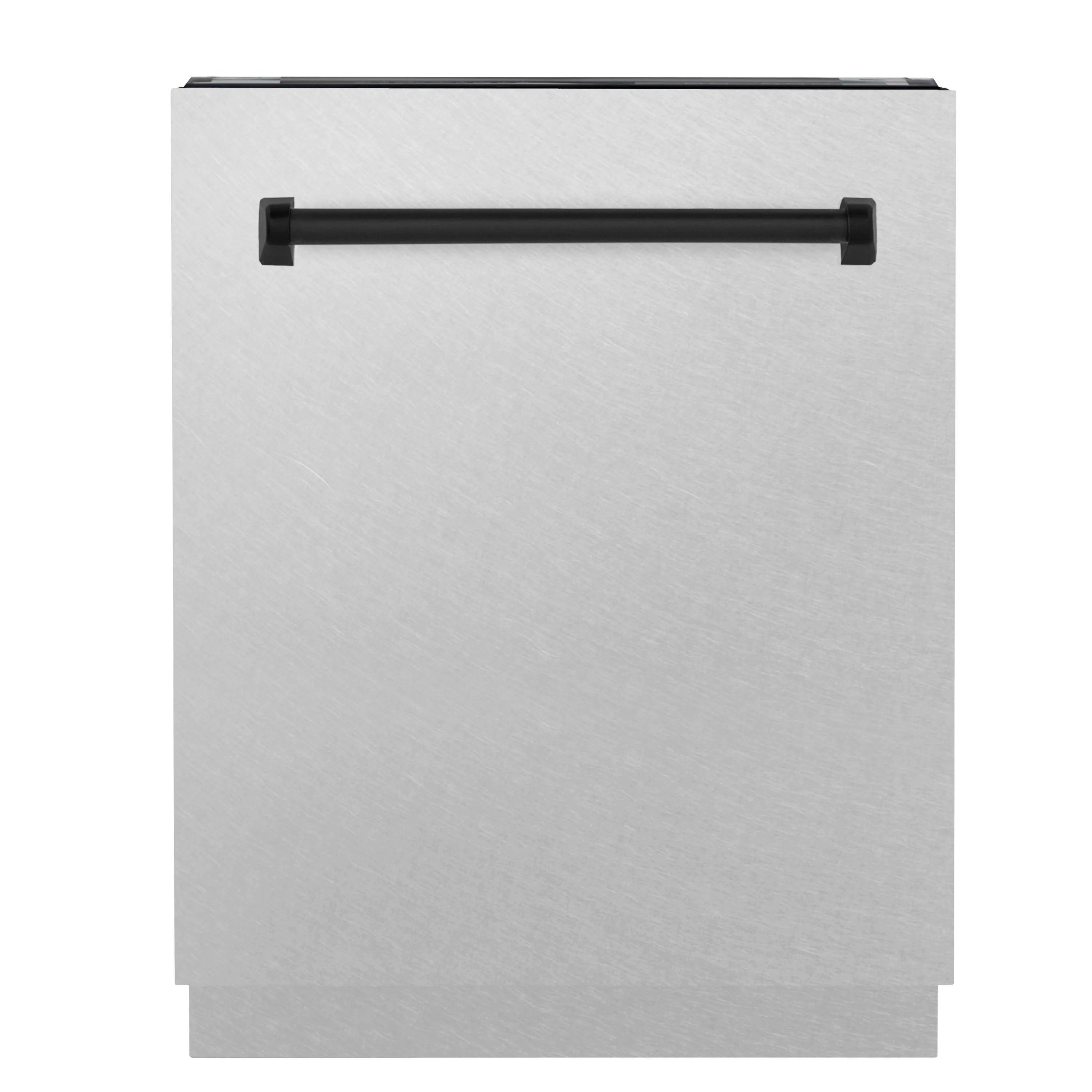 Tall dishwasher front with matte black bar handle on satin stainless steel door