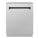Tall dishwasher front with matte black bar handle on satin stainless steel door
