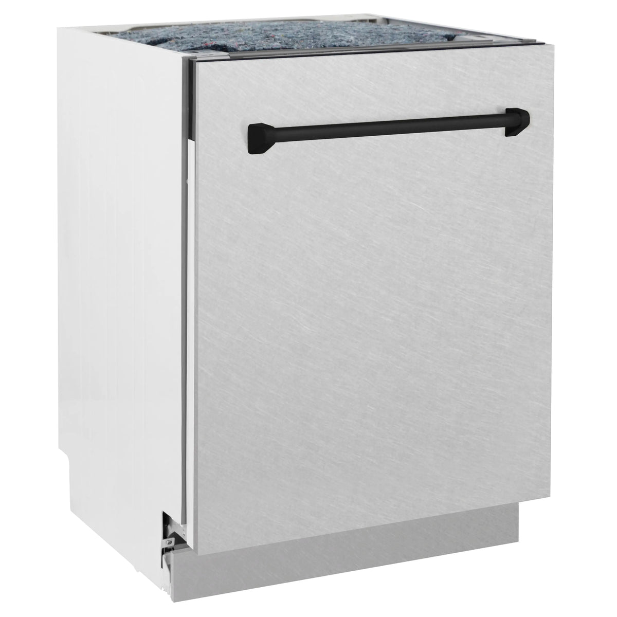 Tall dishwasher with open door and matte black bar handle on satin stainless front