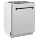 Tall dishwasher with open door and matte black bar handle on satin stainless front