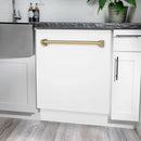 Freestanding white dishwasher with champagne bronze handle and open door