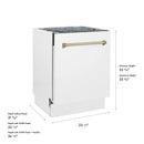 White dishwasher body with champagne bronze handle and height-depth measurement diagram