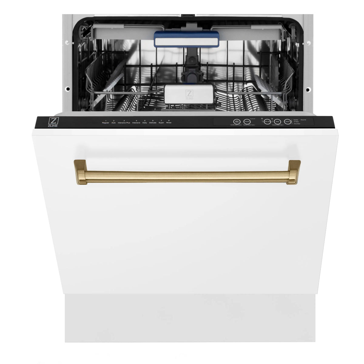 Open white matte dishwasher with champagne bronze handle and top spray system