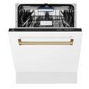 Open white matte dishwasher with champagne bronze handle and top spray system