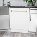 Built-in dishwasher door with gold handle and open white front