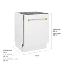 Dishwasher side view with gold handle and depth measurement graphic