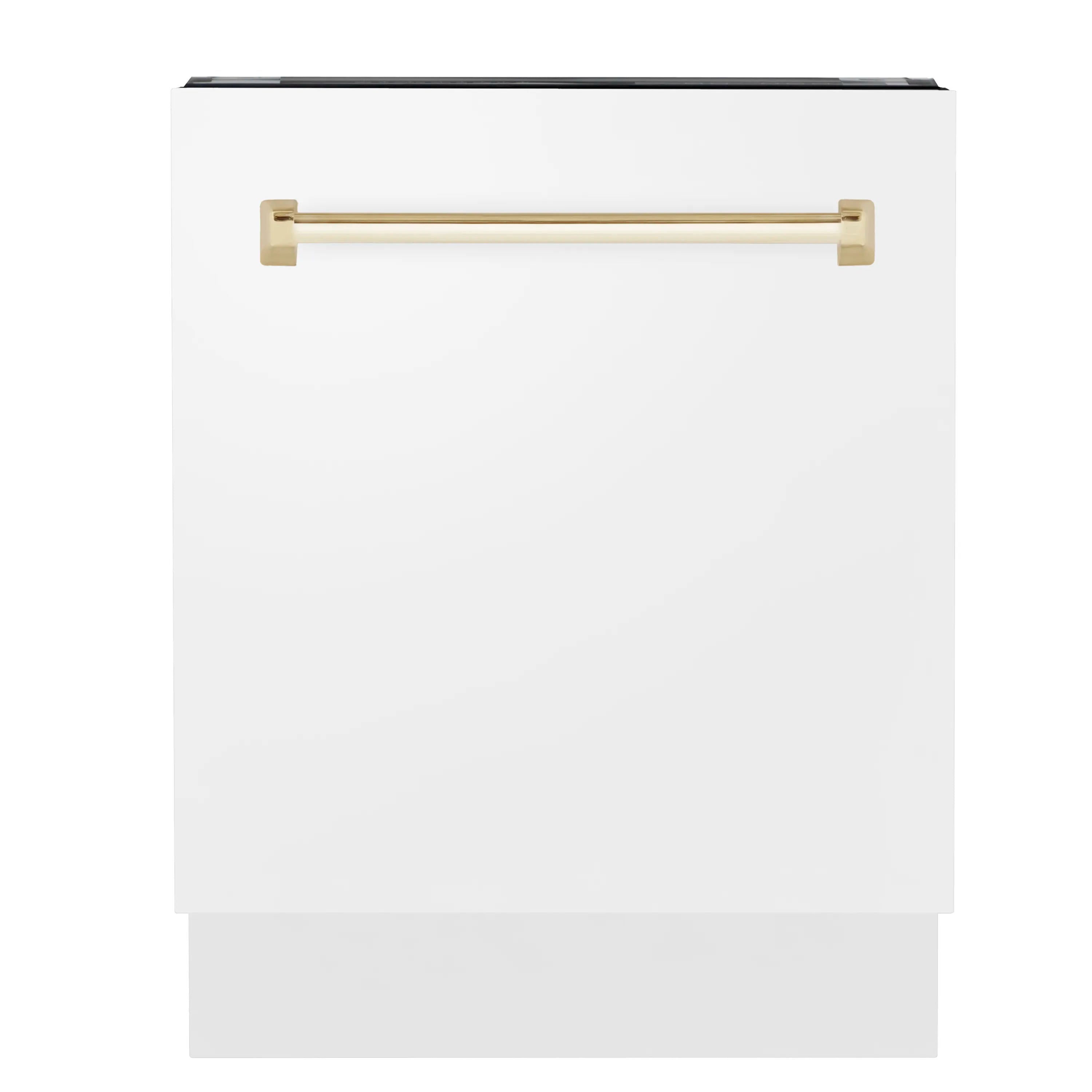 White matte built-in dishwasher with gold bar handle