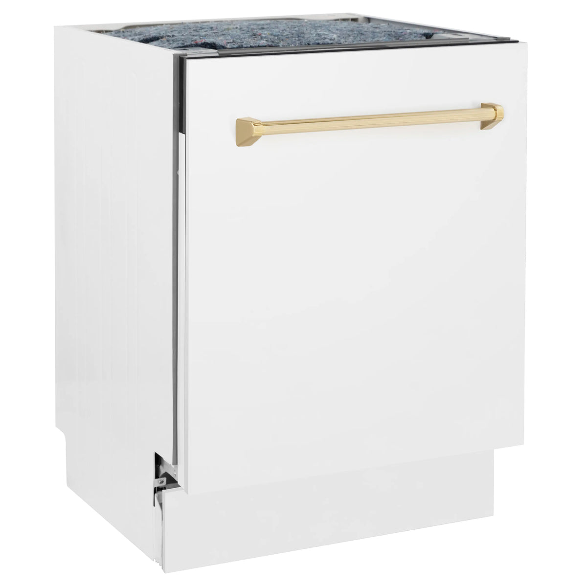 White matte tall tub dishwasher with gold handle, front view