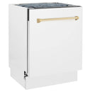 White matte tall tub dishwasher with gold handle, front view