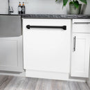 Tall dishwasher with matte black handle and white door panel, interior open