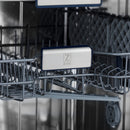 Dishwasher rack with brand label and blue control light panel detail