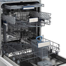 Interior view of tall dishwasher with wire racks and blue-labeled holders