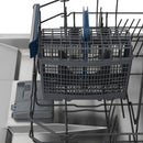 Dishwasher third rack basket with gray rails and blue utensil supports.
