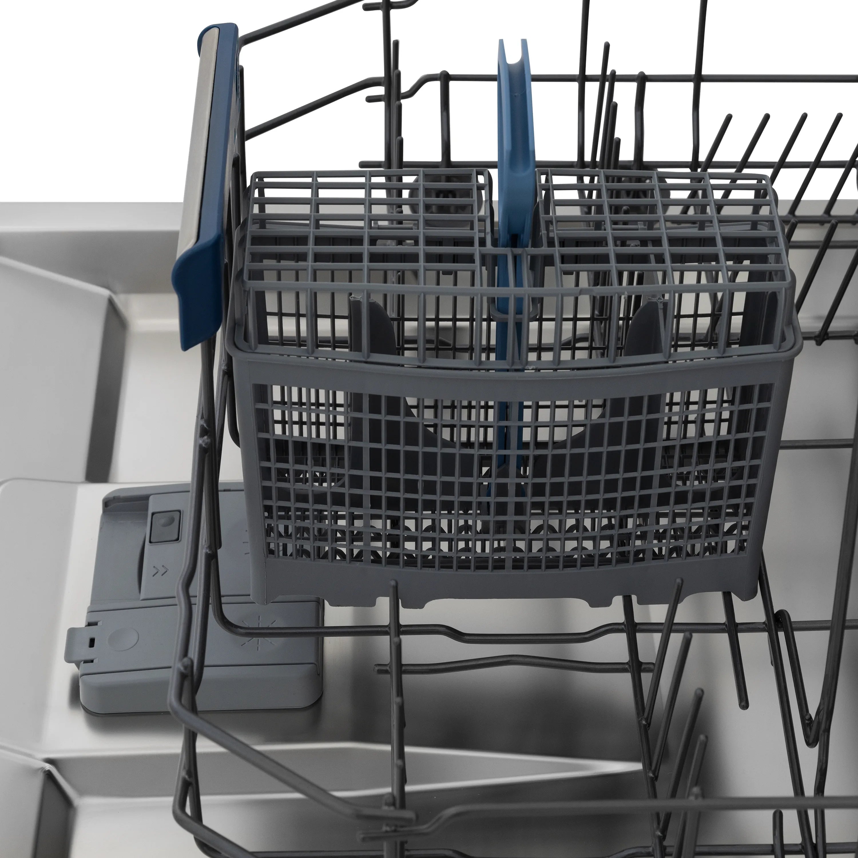 Dishwasher interior with top and bottom racks loaded in the wash tub.