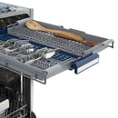 Tall built-in dishwasher with third rack open, silver racks and dark control panel edge