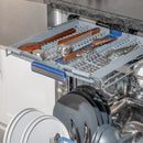 Tall built-in dishwasher third rack with silver cutlery holders and serving tray