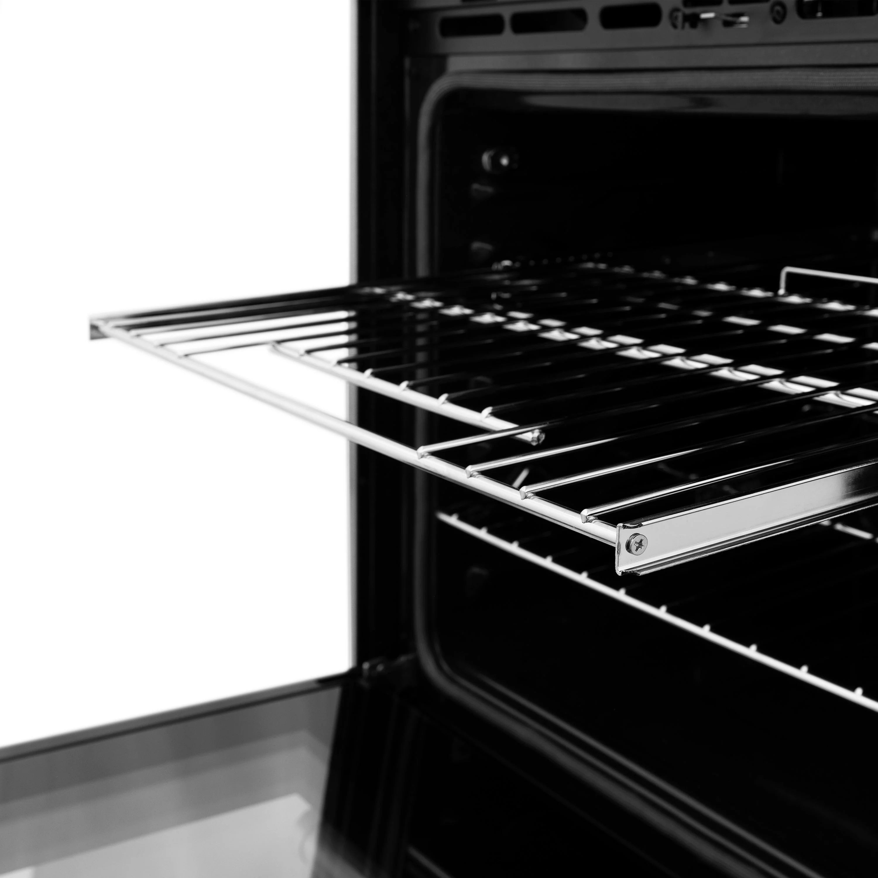 Open oven cavity with metal slide rack and wire cooking shelf