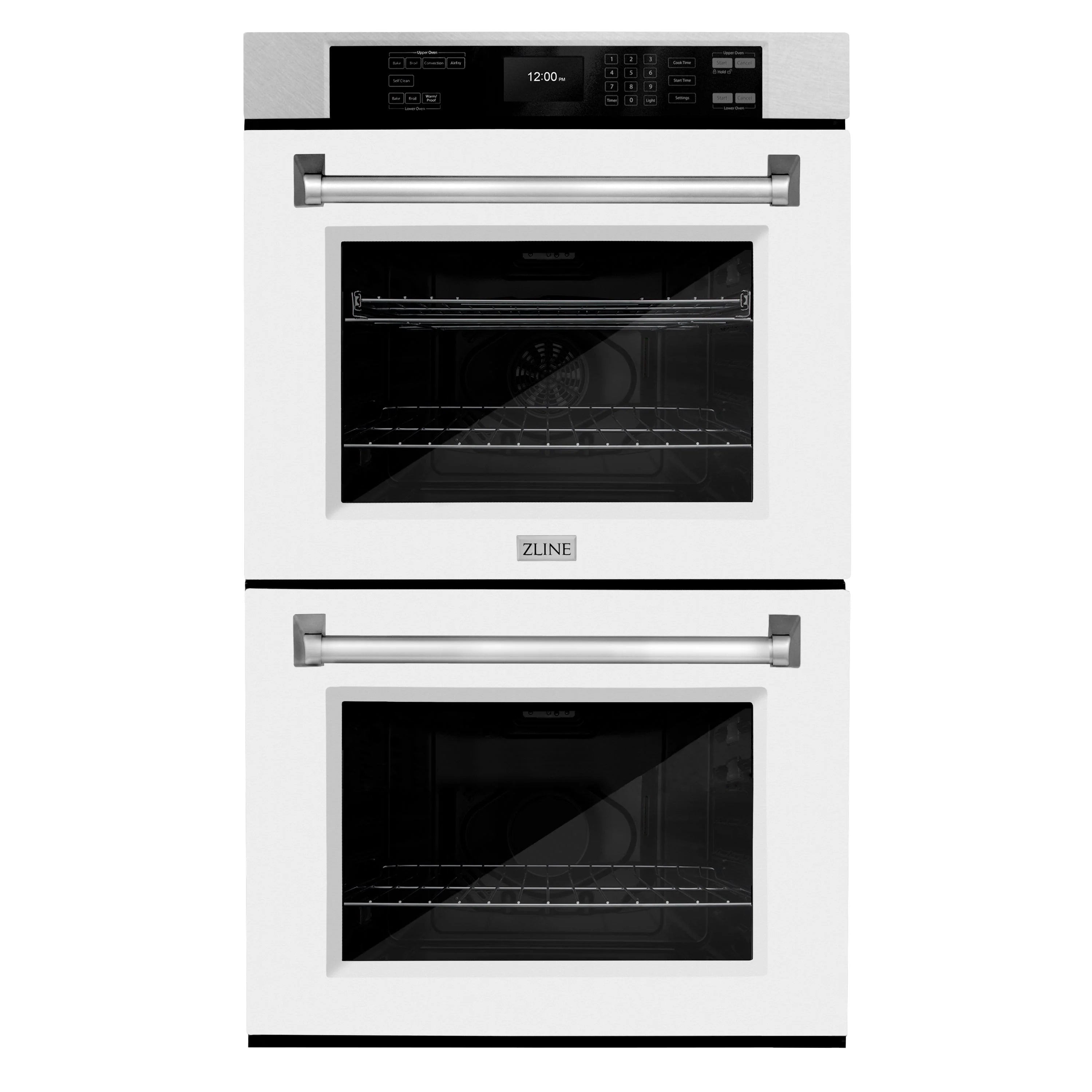 Stacked white matte oven doors with stainless steel handles and control panel