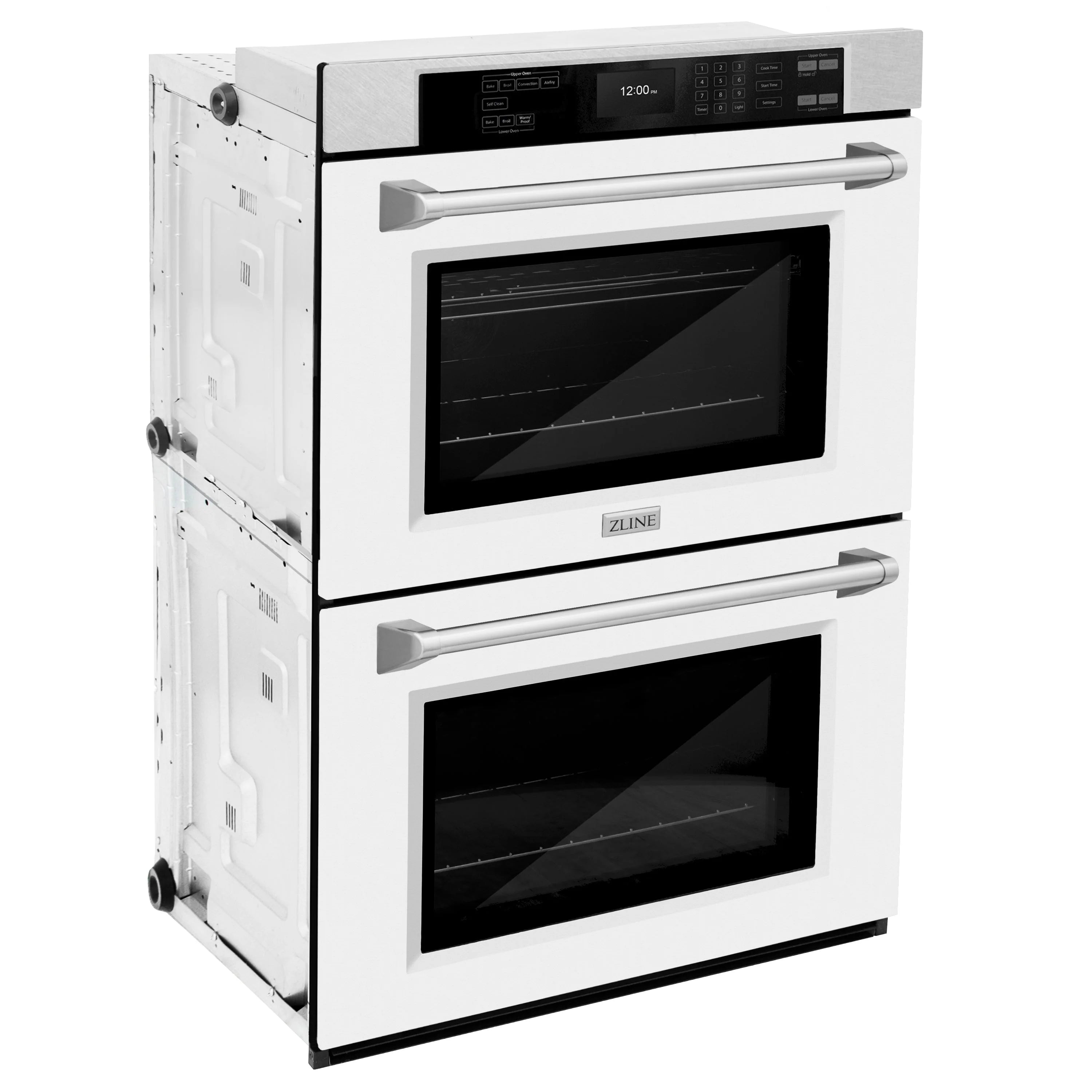 Double wall oven with two white matte doors and stainless steel bar handles