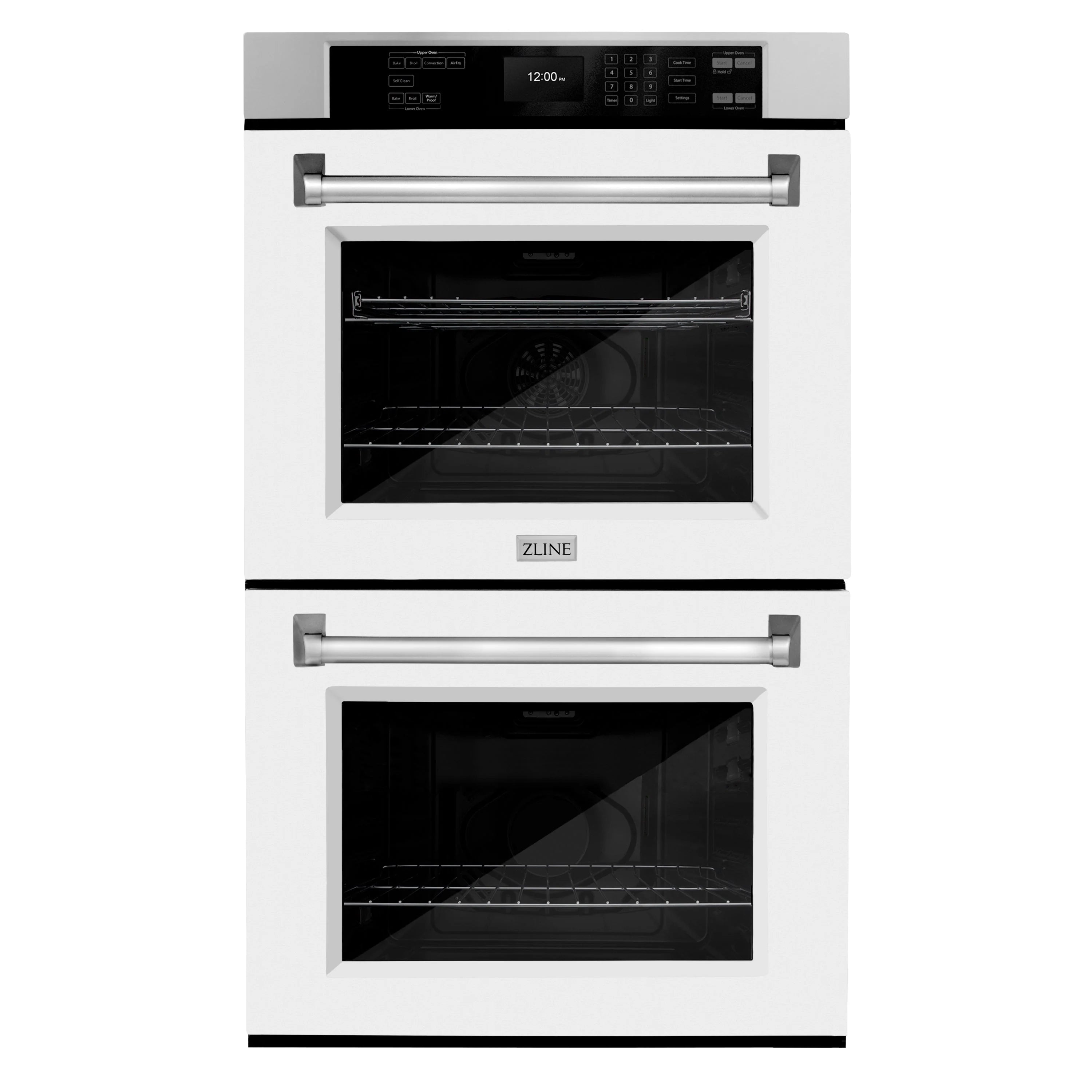 Matte white double wall oven front with two glass doors and horizontal metal handles
