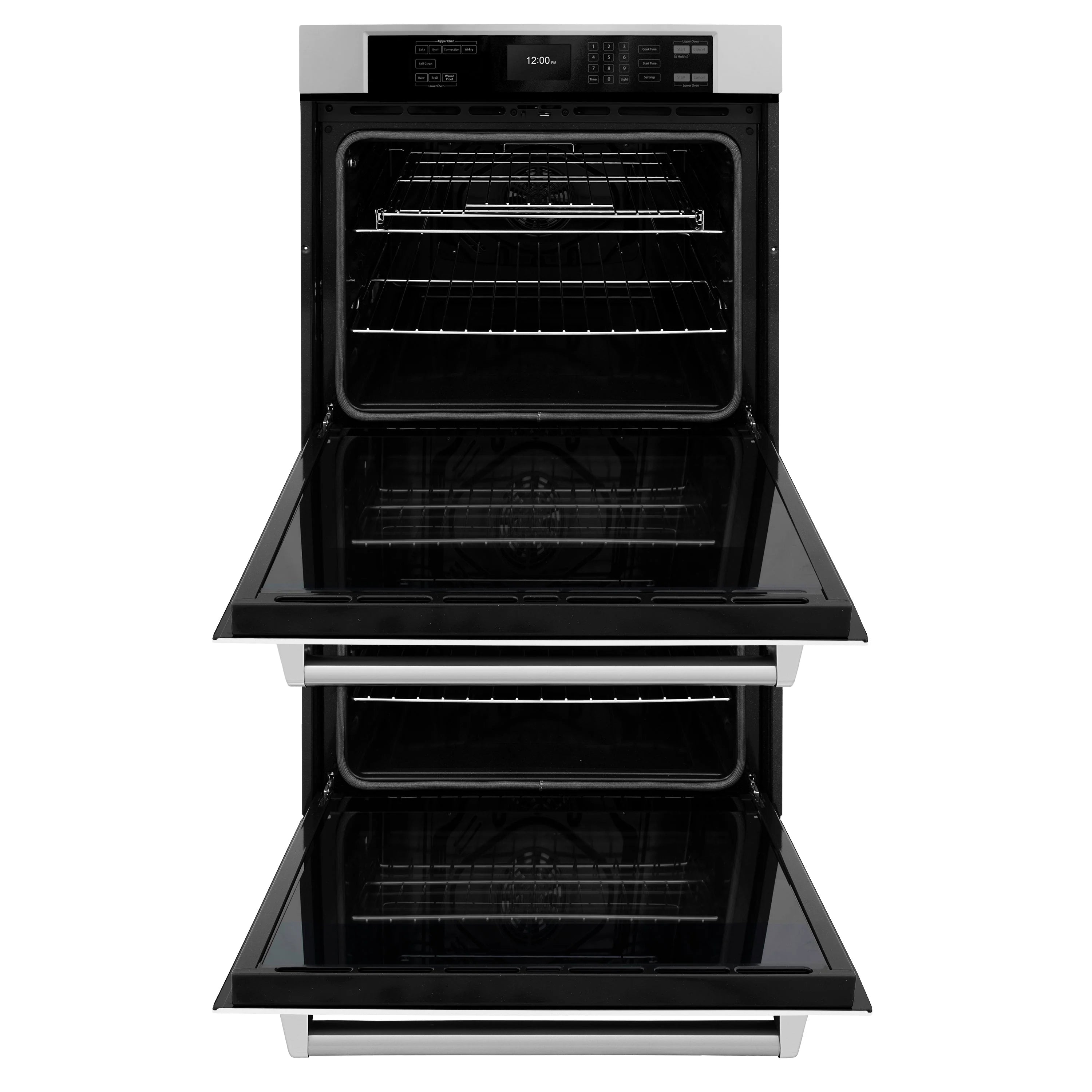 Double wall oven with both doors open showing racks inside upper and lower ovens