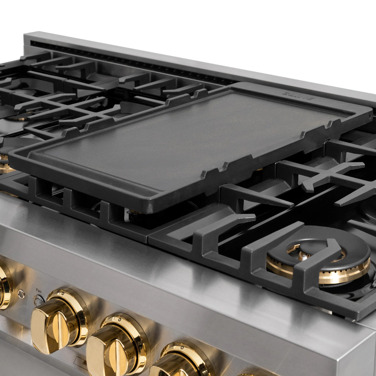 ZLINE reversible griddle insert on a gas cooktop, smooth flat black cast iron plate