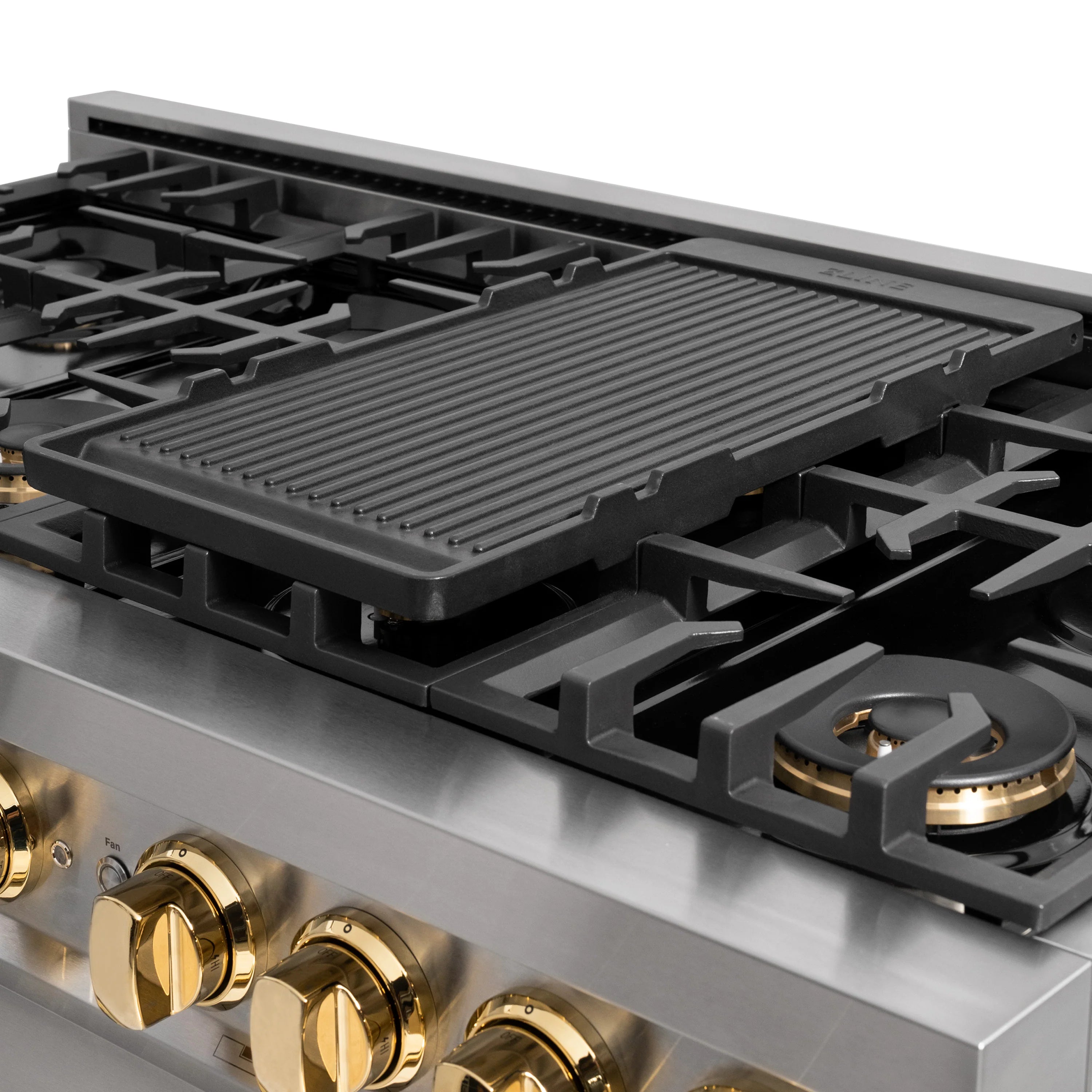 ZLINE reversible griddle insert on a gas cooktop, ridged black cast iron grilling plate