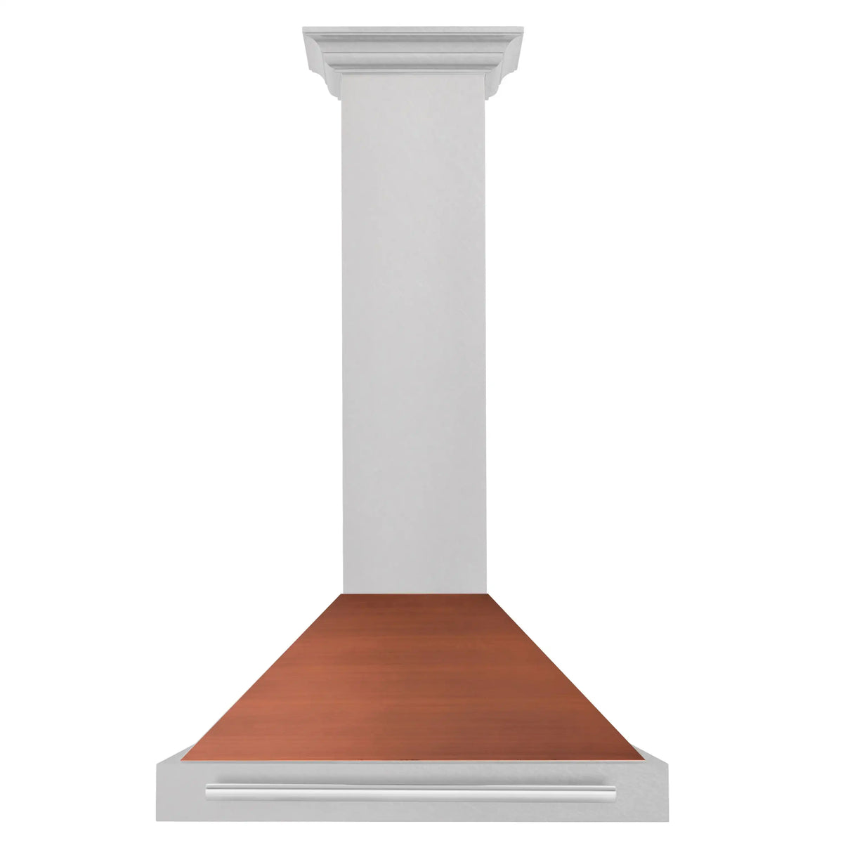 Convertible ducted range hood with white chimney and copper vent top, stainless band