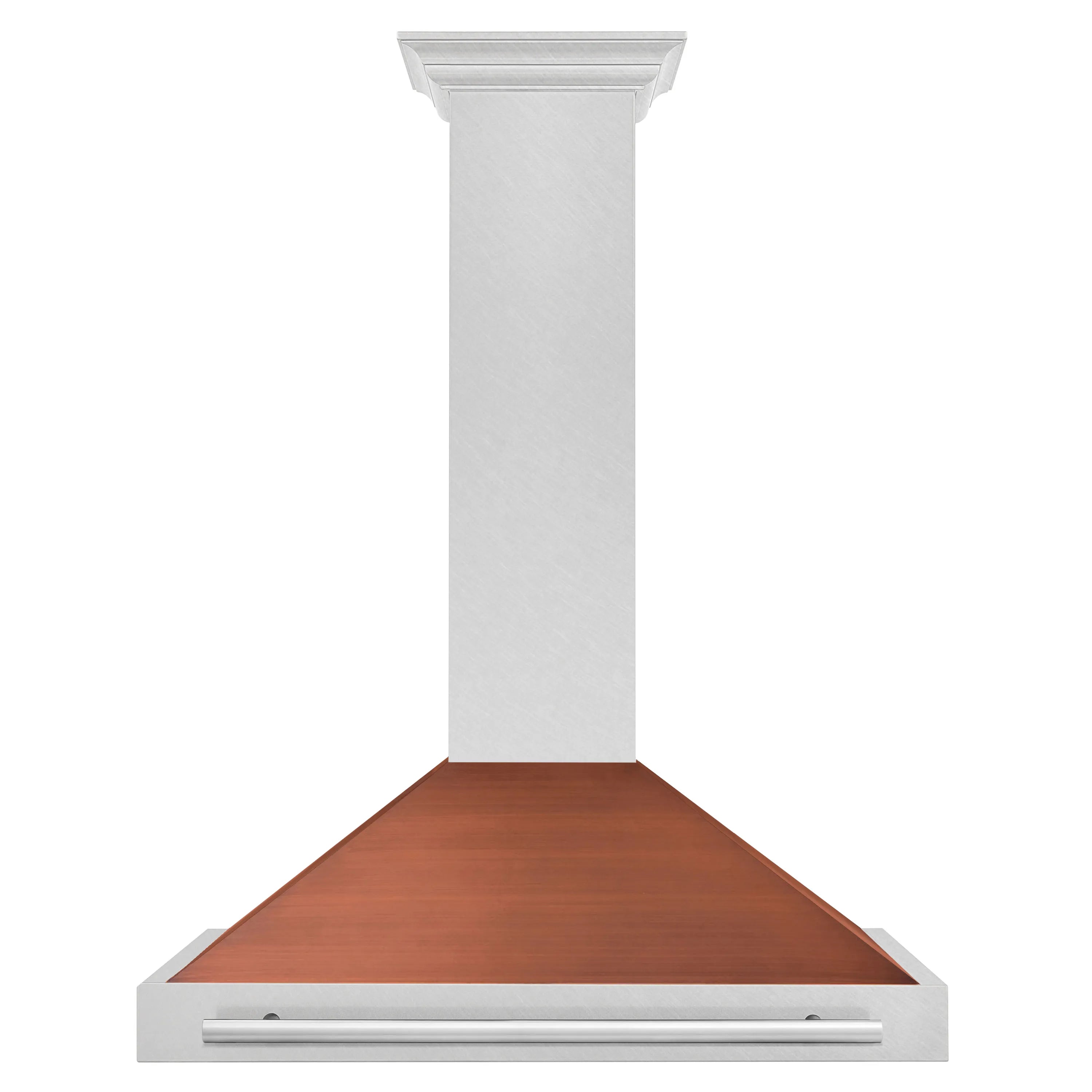 Convertible range hood canopy with stainless frame and copper backsplash panel