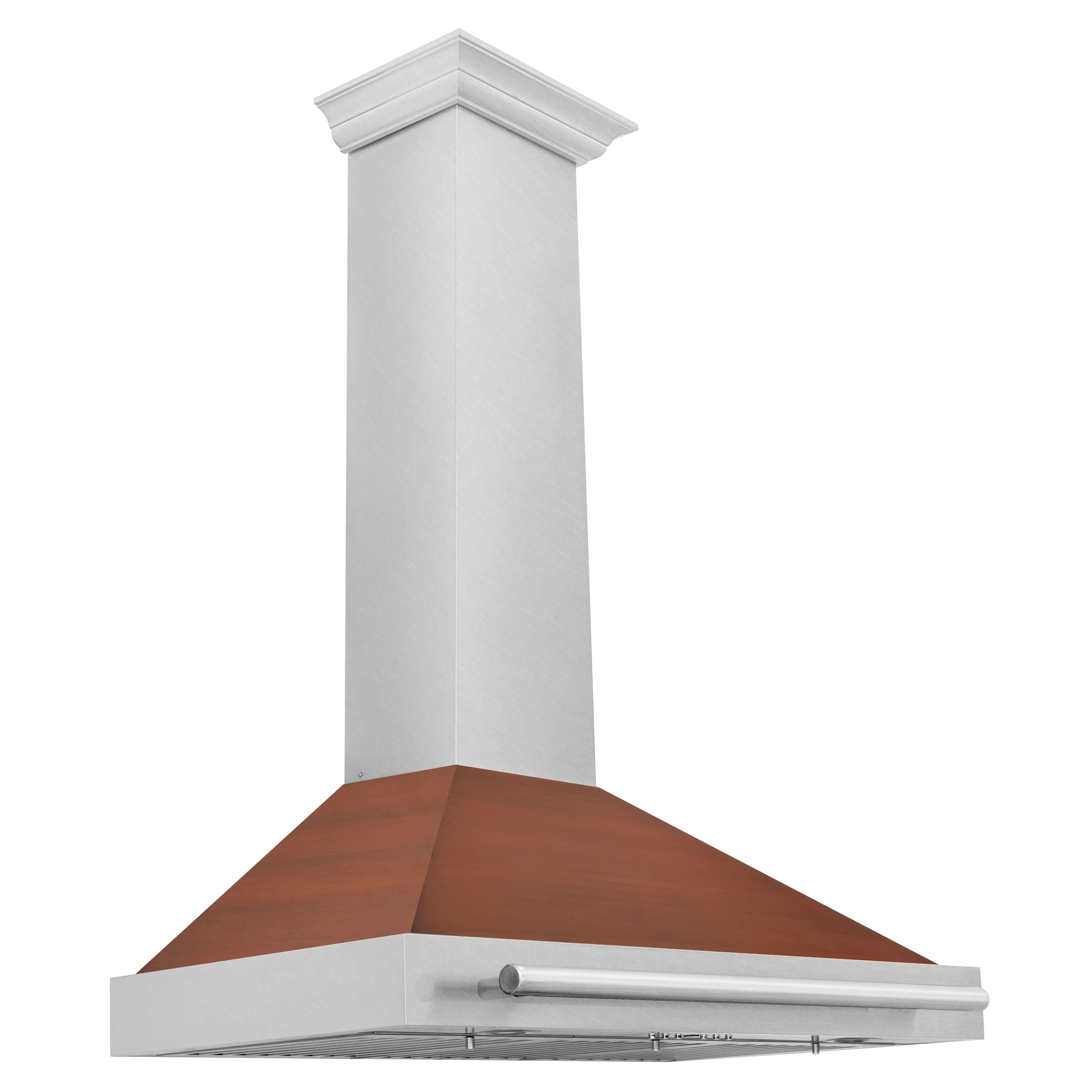 Convertible range hood with white chimney column, stainless trim, and copper top