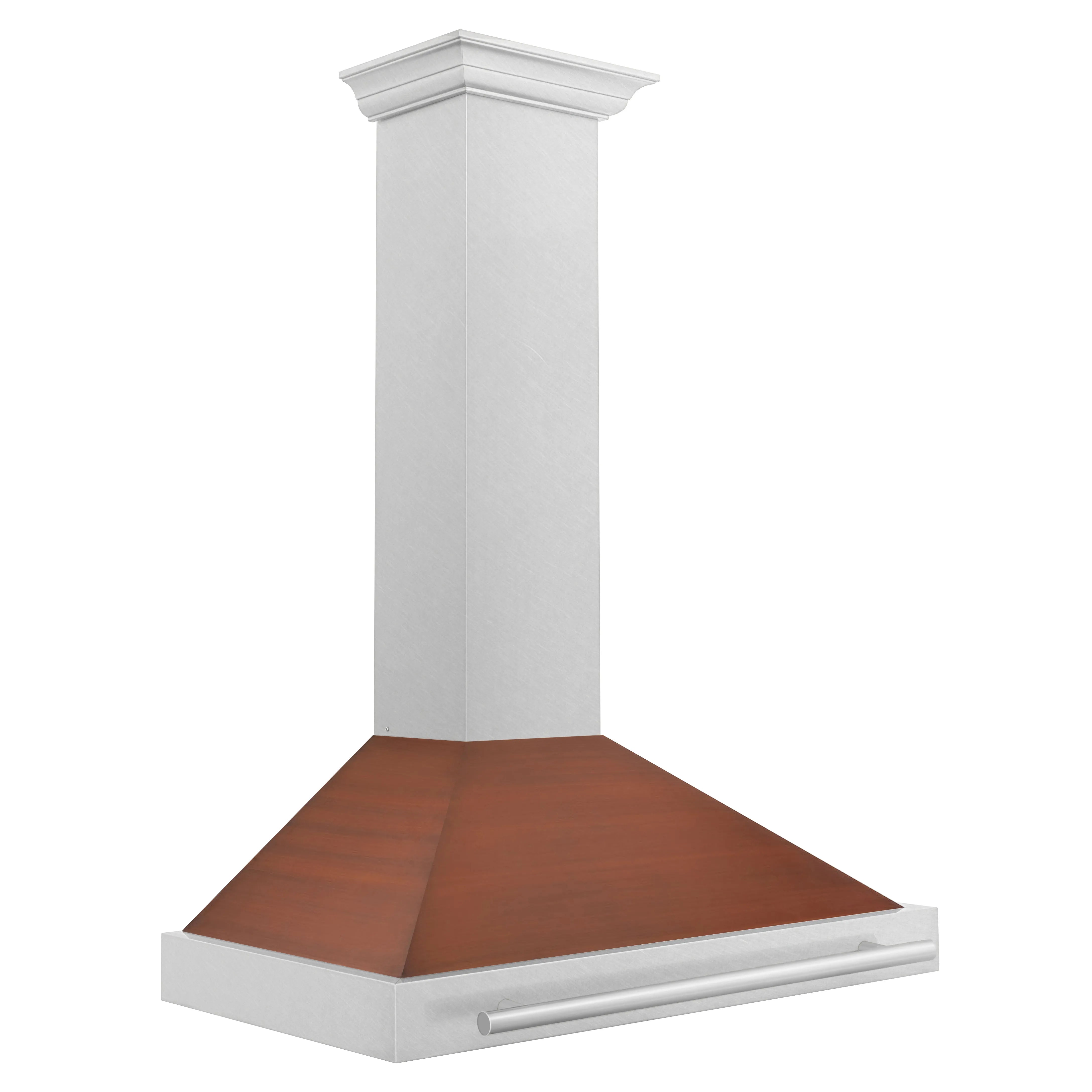 Convertible range hood with white chimney column and copper baffle panel in front