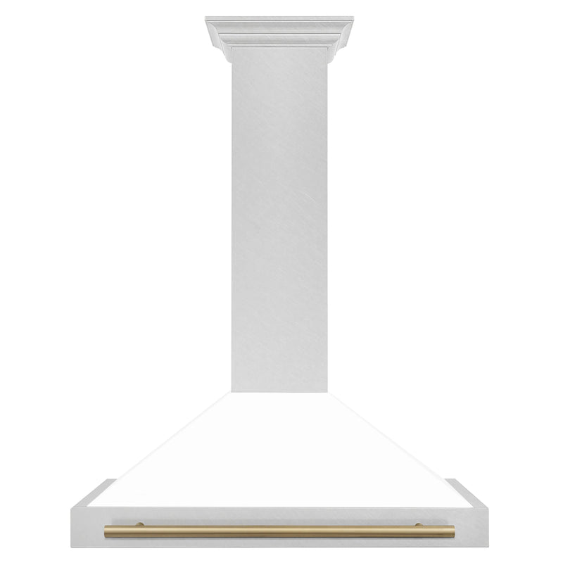 ZLINE 36-Inch Autograph Edition Wall Mounted Range Hood in DuraSnow® Stainless Steel with White Matte Shell and Champagne Bronze Handle (KB4SNZ-WM36-CB)