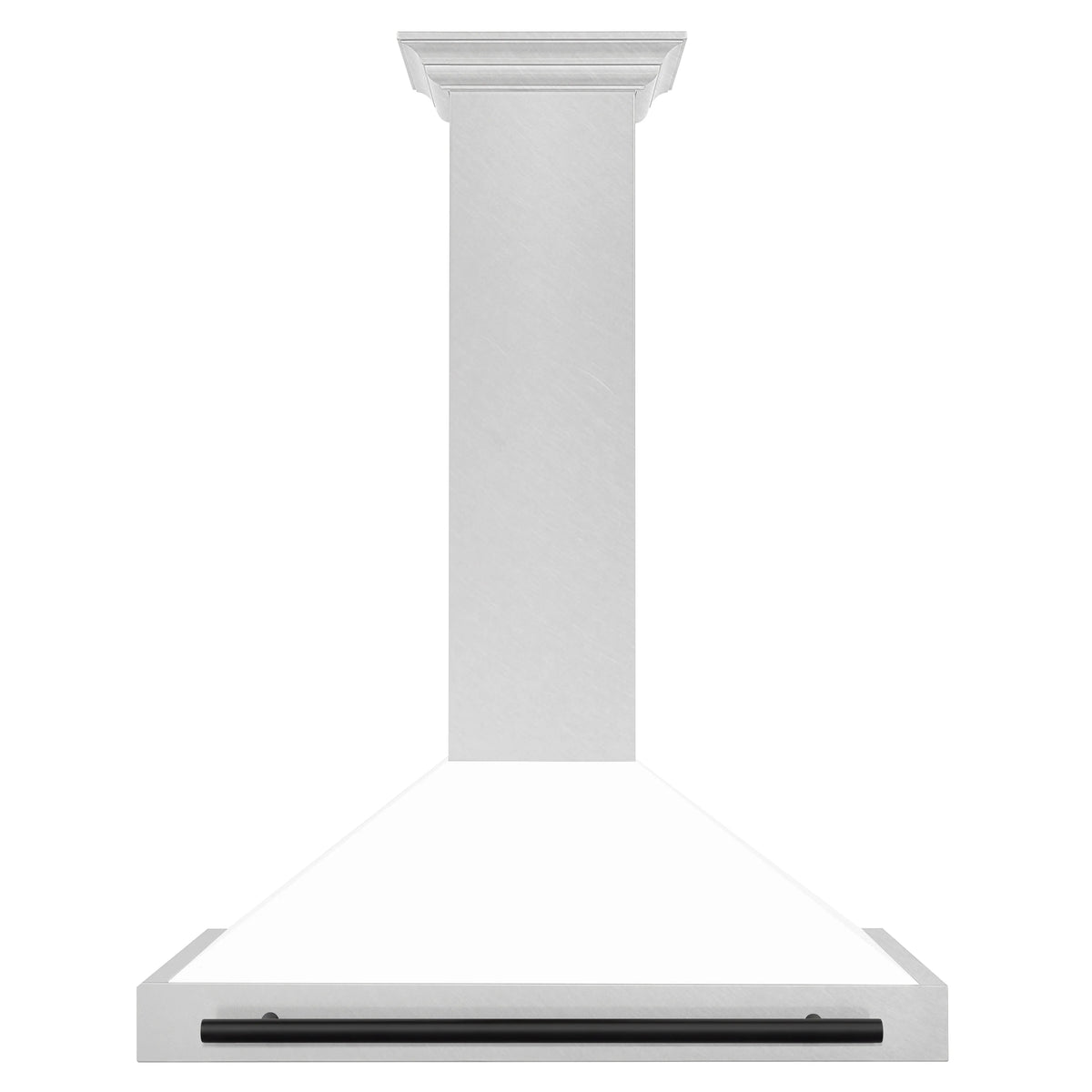 Wall-mounted range hood chimney in white matte with satin stainless canopy and black bar