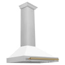 ZLINE 36-Inch Autograph Edition Wall Mounted Range Hood in Satin Stainless Steel with White Matte Shell and Champagne Bronze Handle (KB4SNZ-WM36-CB)