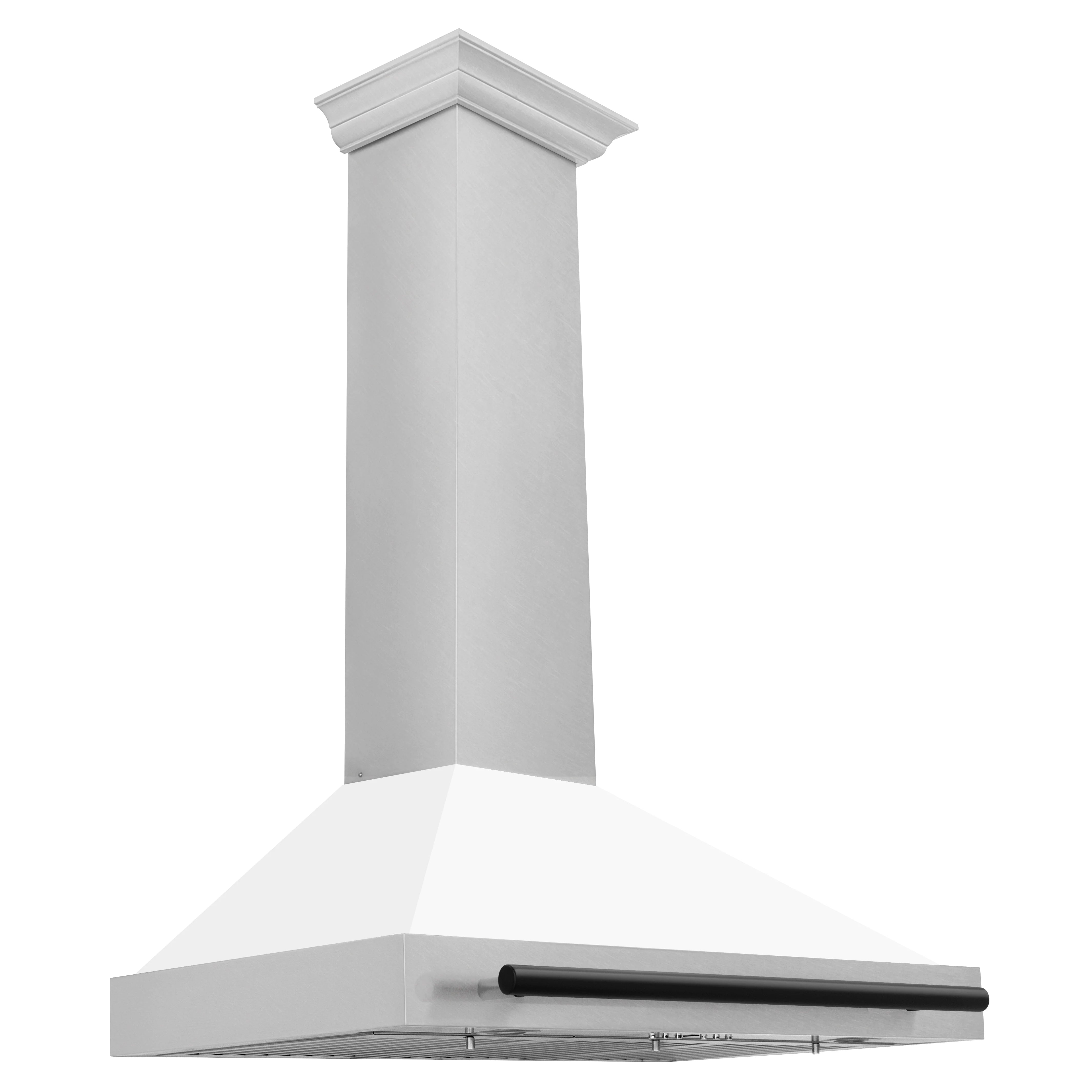 Wall-mounted range hood with white chimney and satin stainless canopy, black front bar