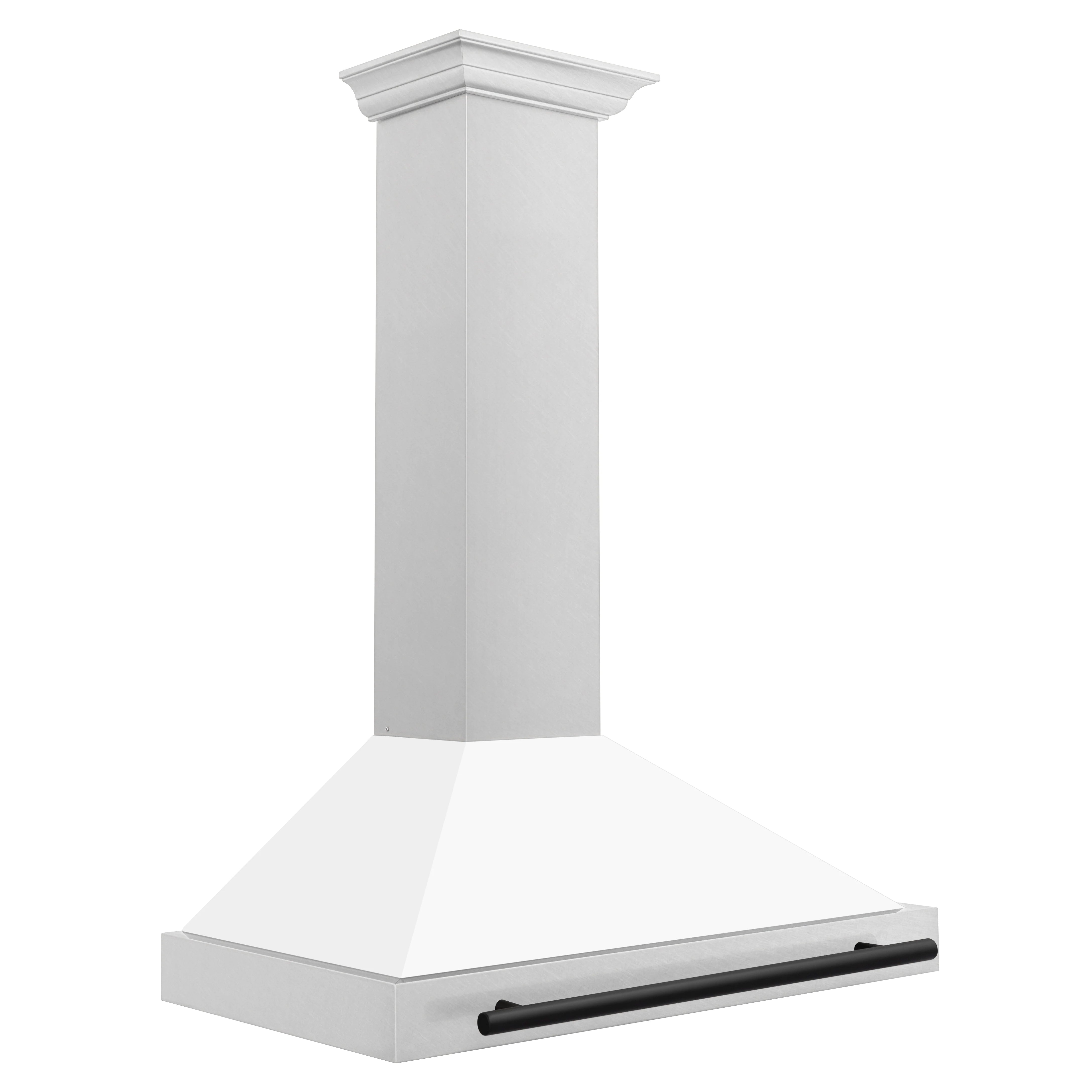 Wall-mounted range hood, white matte chimney with satin stainless canopy and black bar