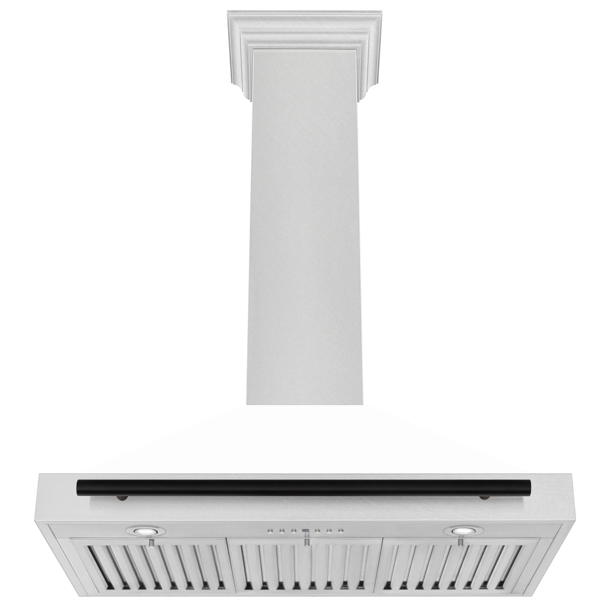 Range hood with white chimney and stainless canopy, black bar over vent grille
