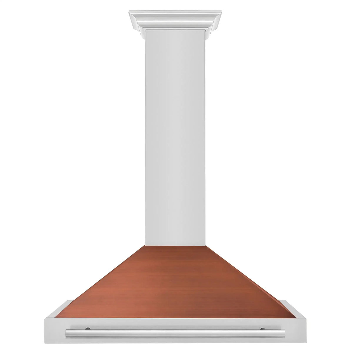 Convertible chimney range hood with white chimney and copper-toned wall mount canopy