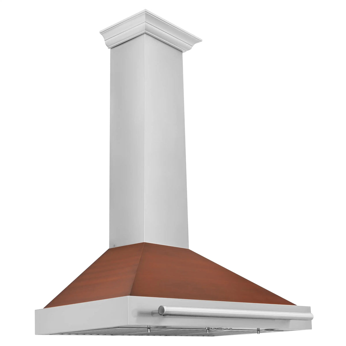 Convertible range hood with white chimney and copper-toned stainless canopy