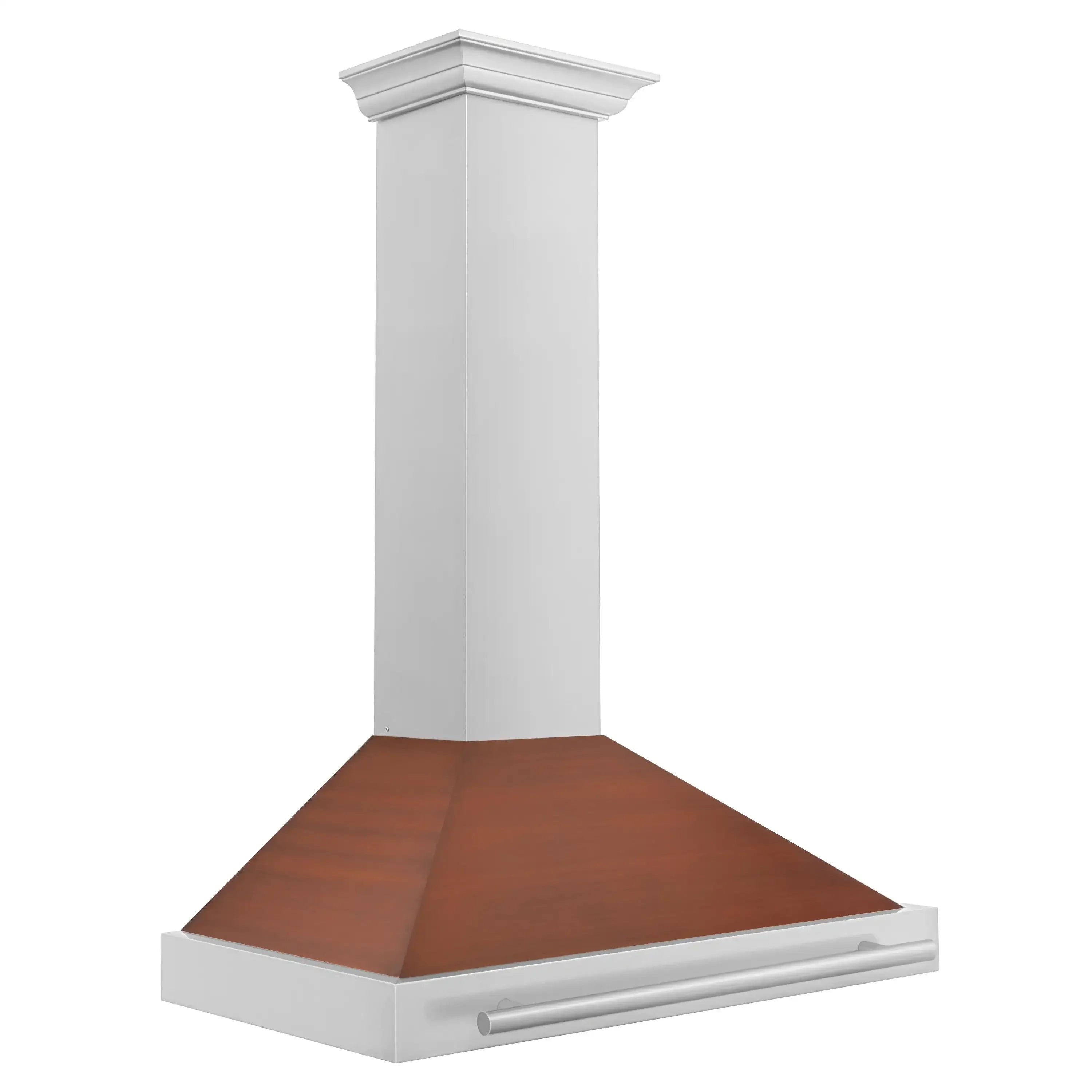 Convertible chimney range hood with copper-toned top and silver vented base