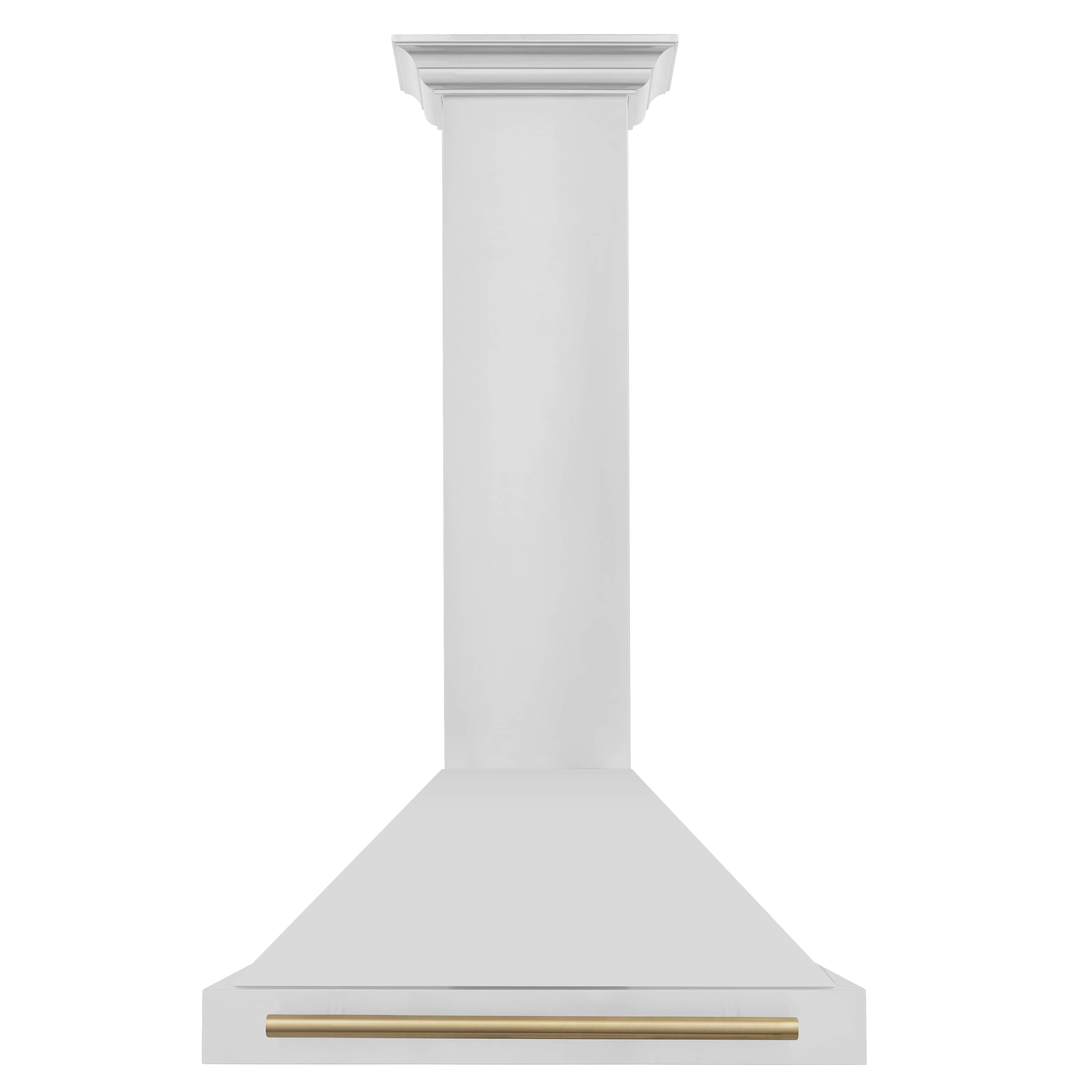 Wall-mount white range hood with champagne-bronze vent bar and chimney