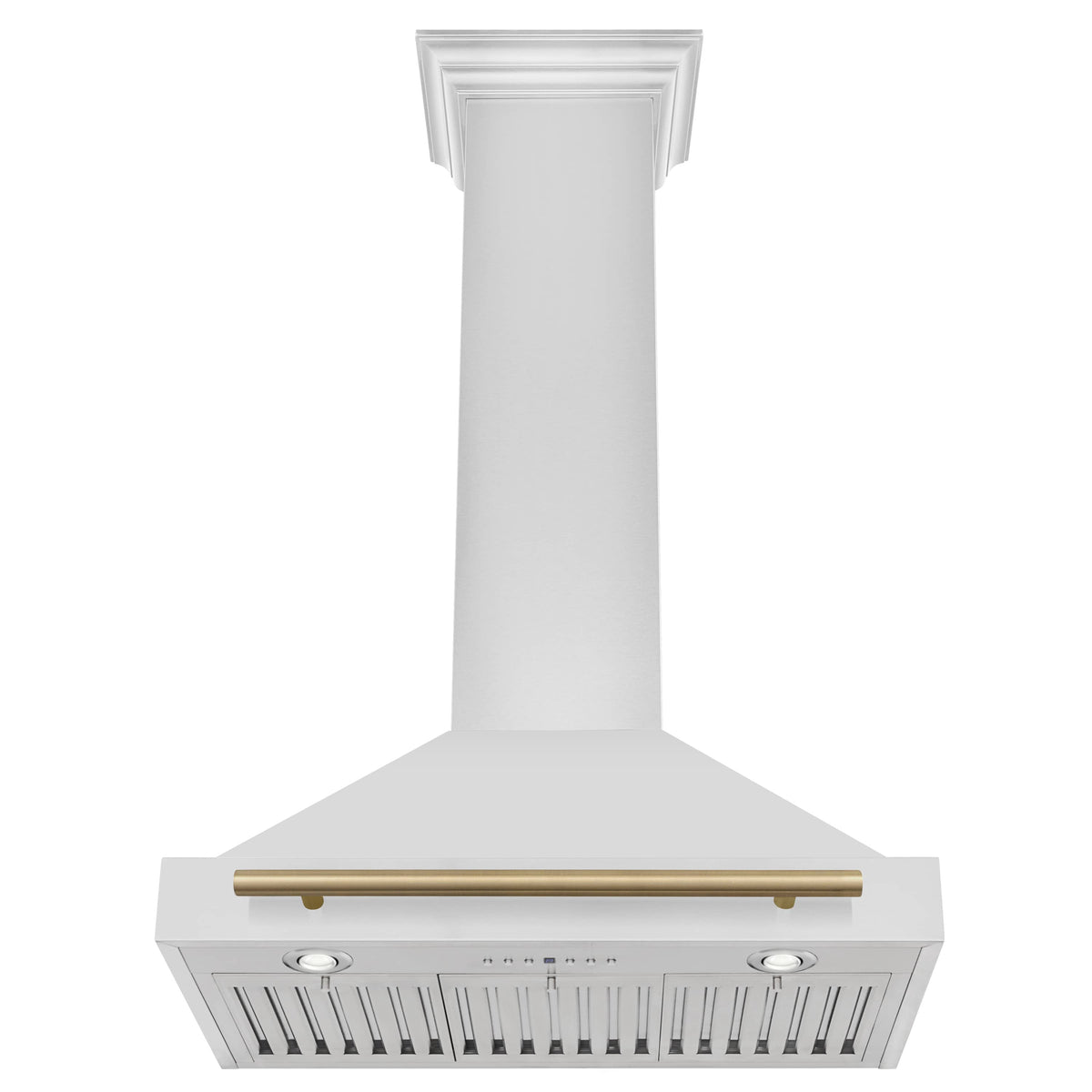 White chimney range hood with gold-tone control bar and vent grilles