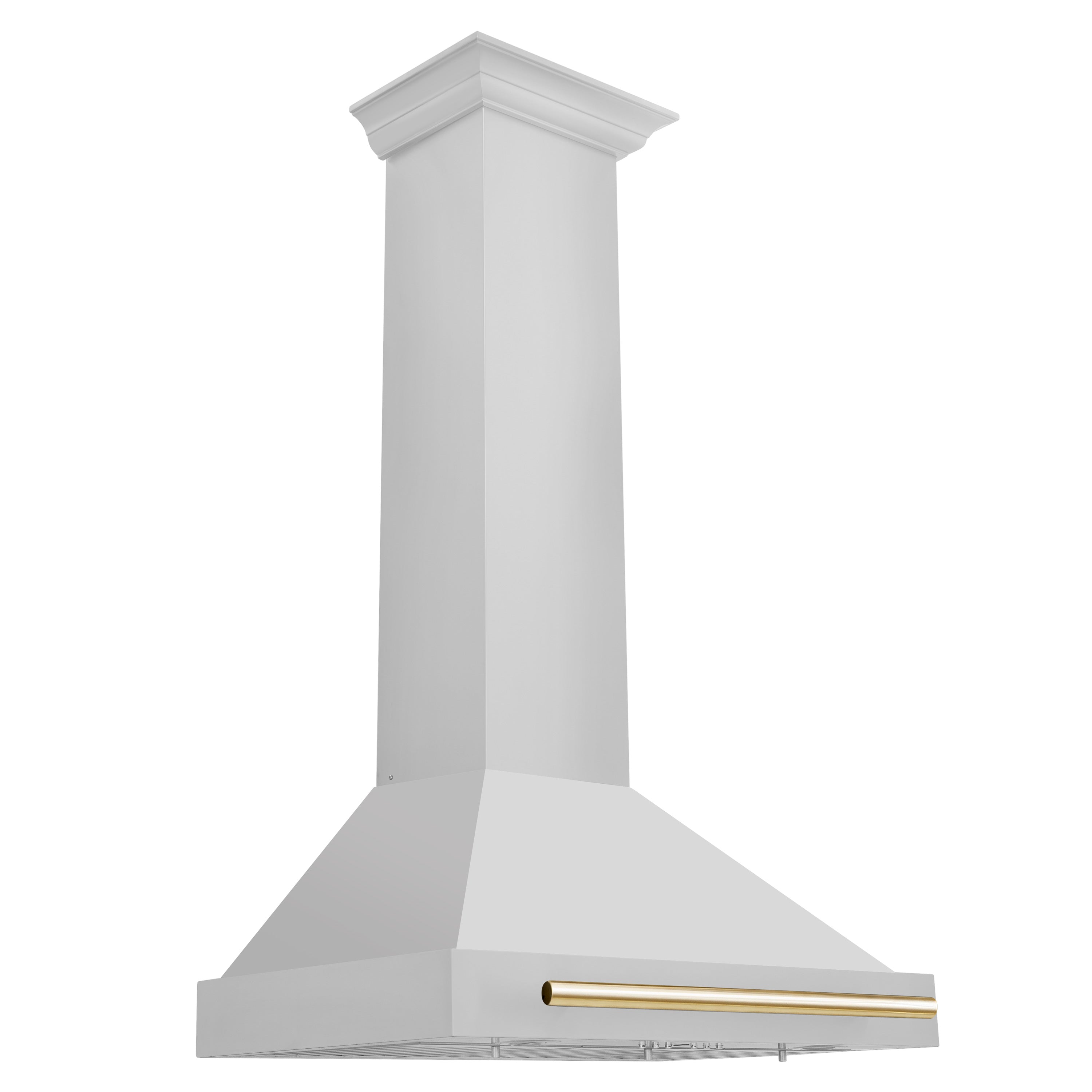 White wall-mount range hood with gold-trimmed chimney and decorative gold bar