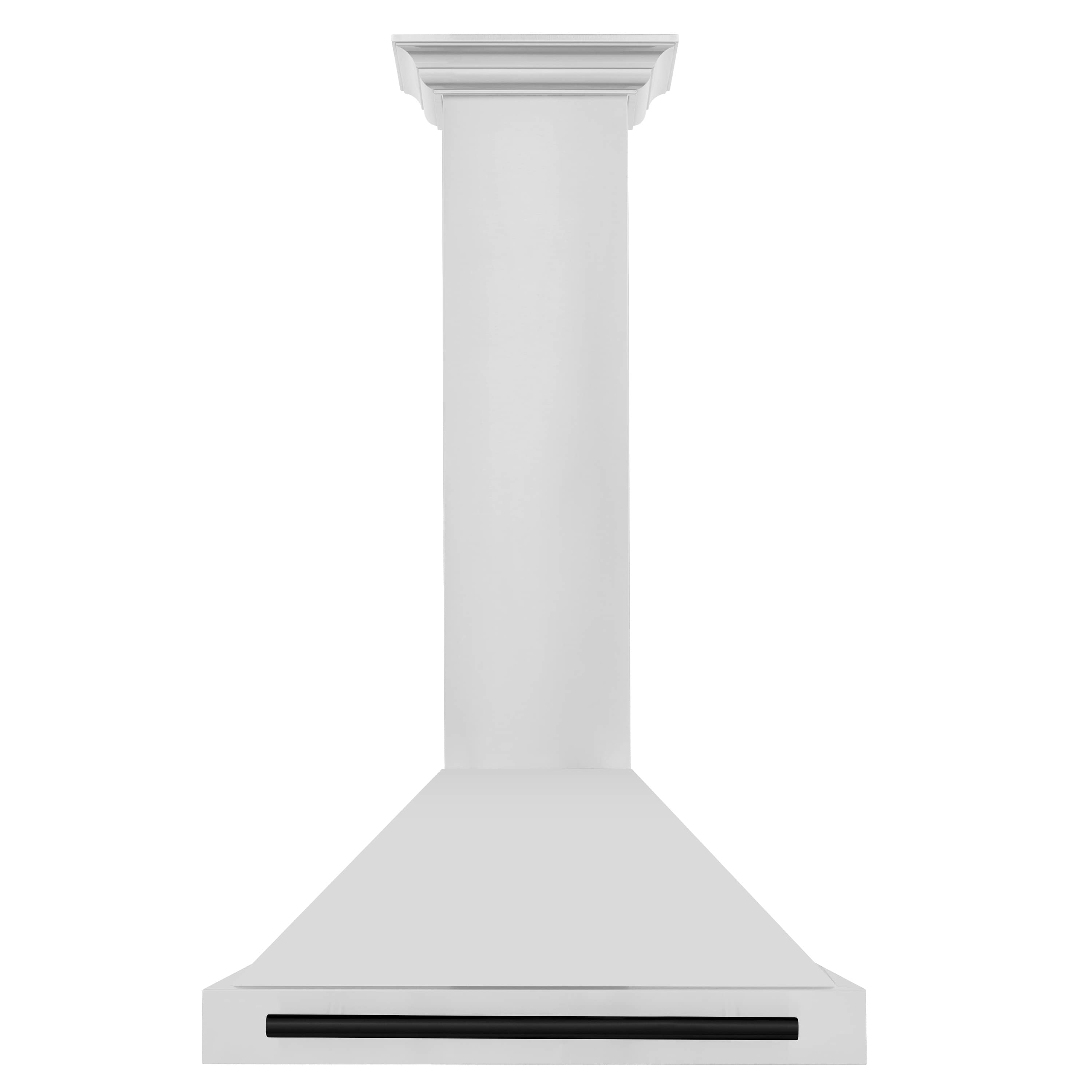 Wall-mount range hood in white with matte black vent bar