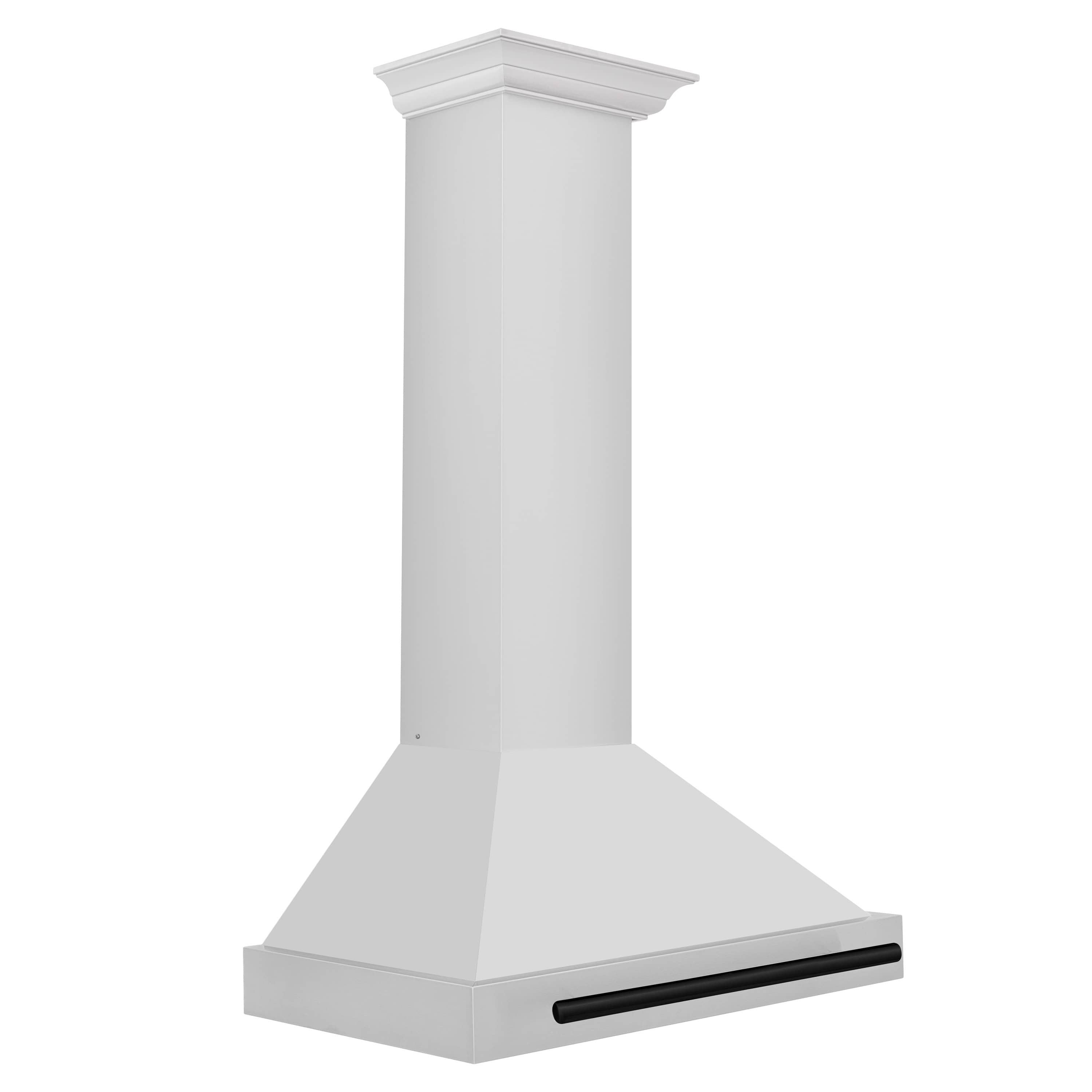 Chimney-style wall range hood in white with black front control bar