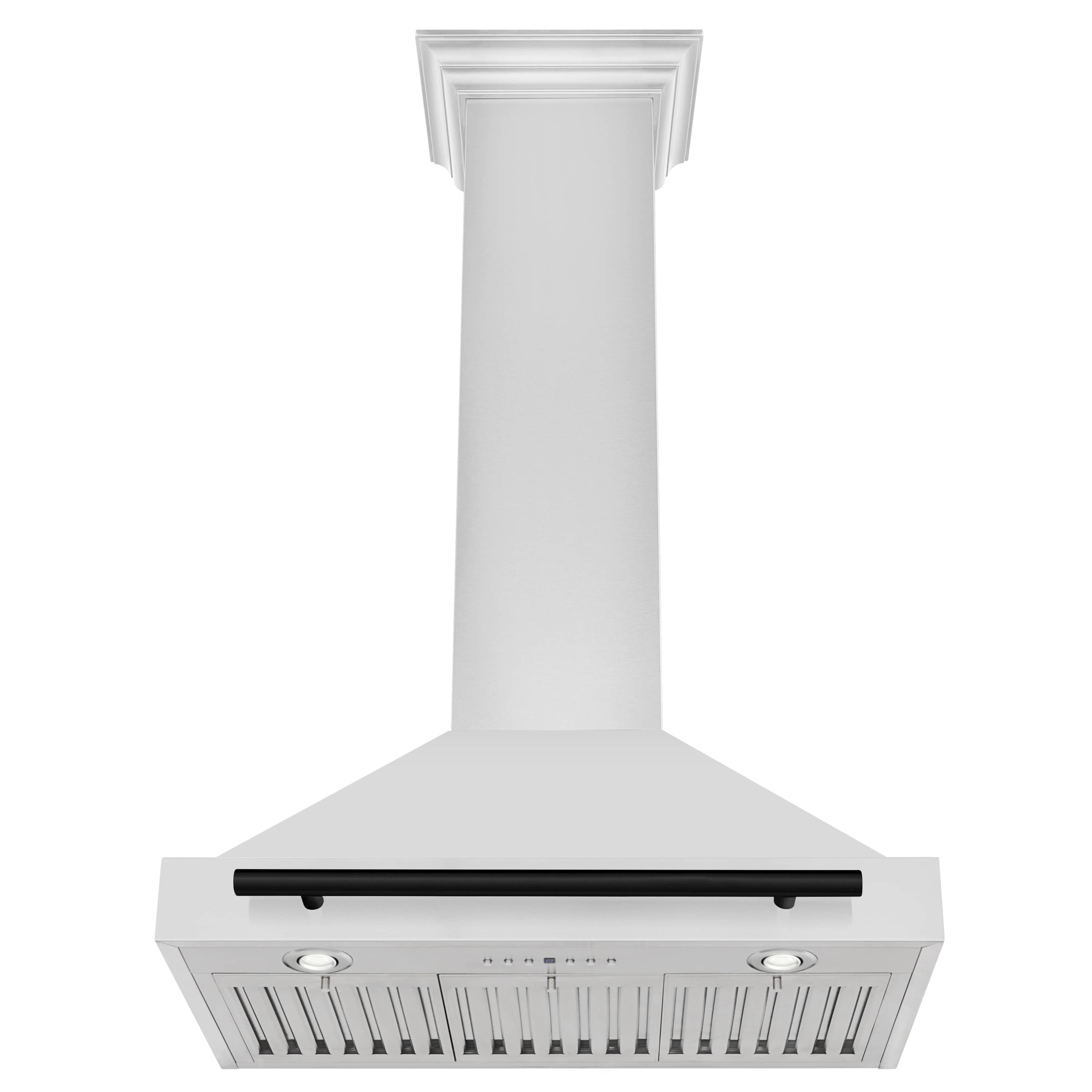 Wall-mount range hood in white with black trim bar and vent filter panel